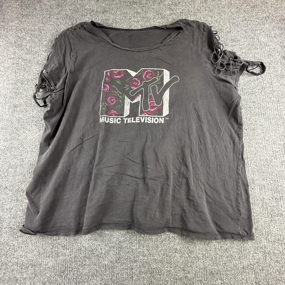 MTV Shirt Womens Black Floral Music Television Cutout Strappy Sleeve Tee